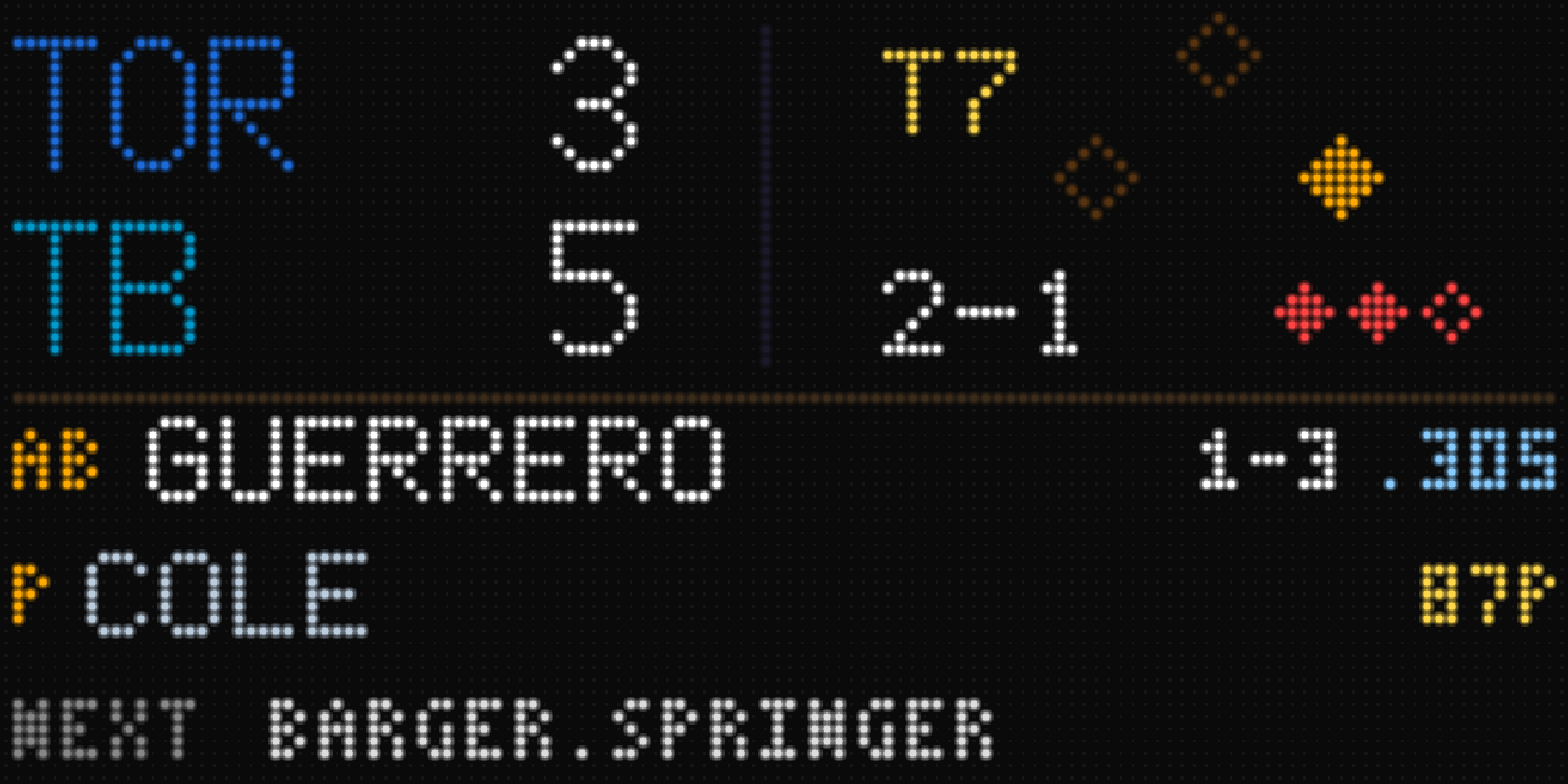 Fanatron LED scoreboard showing a live MLB game: Toronto 3, Tampa Bay 5, top of the 7th, runner on second, two outs, Guerrero at bat