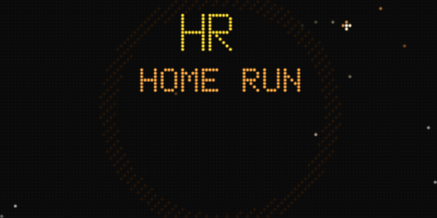 Fanatron home run takeover animation: HR HOME RUN in orange with fireworks across the panel